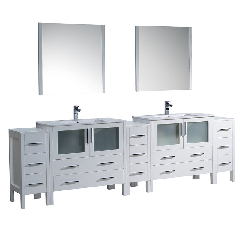 Fresca Torino 108" White Modern Double Sink Bathroom Vanity w/ 3 Side Cabinets & Integrated Sinks FVN62-108WH-UNS