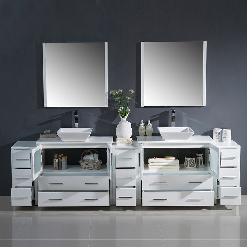 Fresca Torino 108" White Modern Double Sink Bathroom Vanity with 3 Side Cabinets and Vessel Sinks FVN62-108WH-VSL