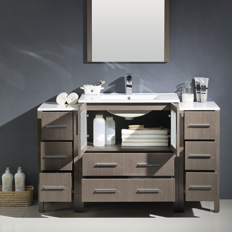 Fresca Torino 54" Gray Oak Modern Bathroom Vanity with 2 Side Cabinets and Integrated Sink FVN62-123012GO-UNS