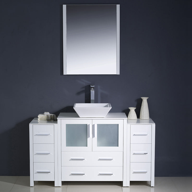 Fresca Torino 54" White Modern Bathroom Vanity with 2 Side Cabinets and Vessel Sink FVN62-123012WH-VSL