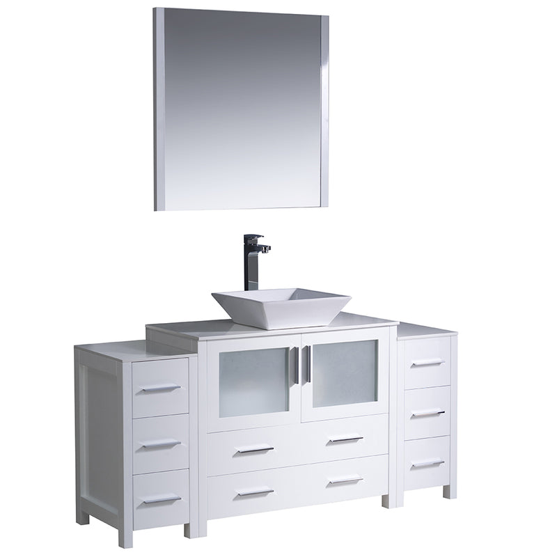 Fresca Torino 60" White Modern Bathroom Vanity w/ 2 Side Cabinets & Vessel Sink FVN62-123612WH-VSL