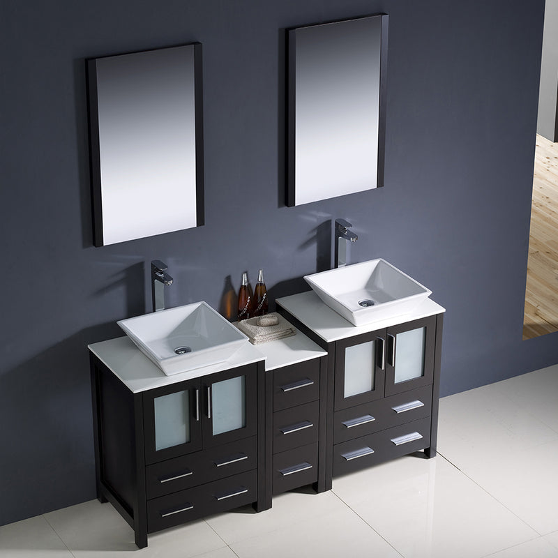 Fresca Torino 60" Espresso Modern Double Sink Bathroom Vanity with Side Cabinet and Vessel Sinks FVN62-241224ES-VSL