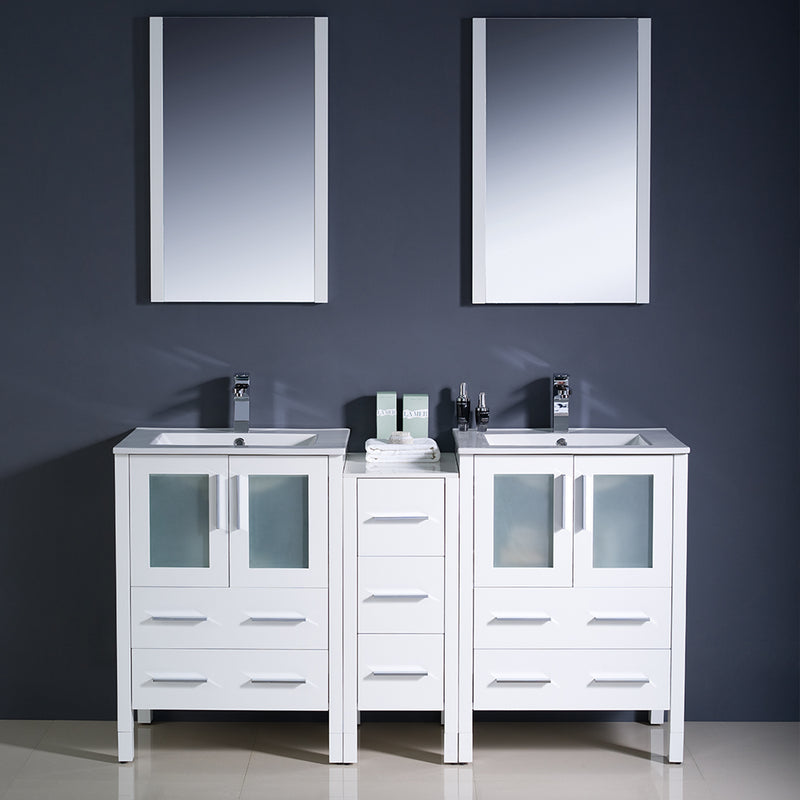 Fresca Torino 60" White Modern Double Sink Bathroom Vanity with Side Cabinet and Integrated Sinks FVN62-241224WH-UNS