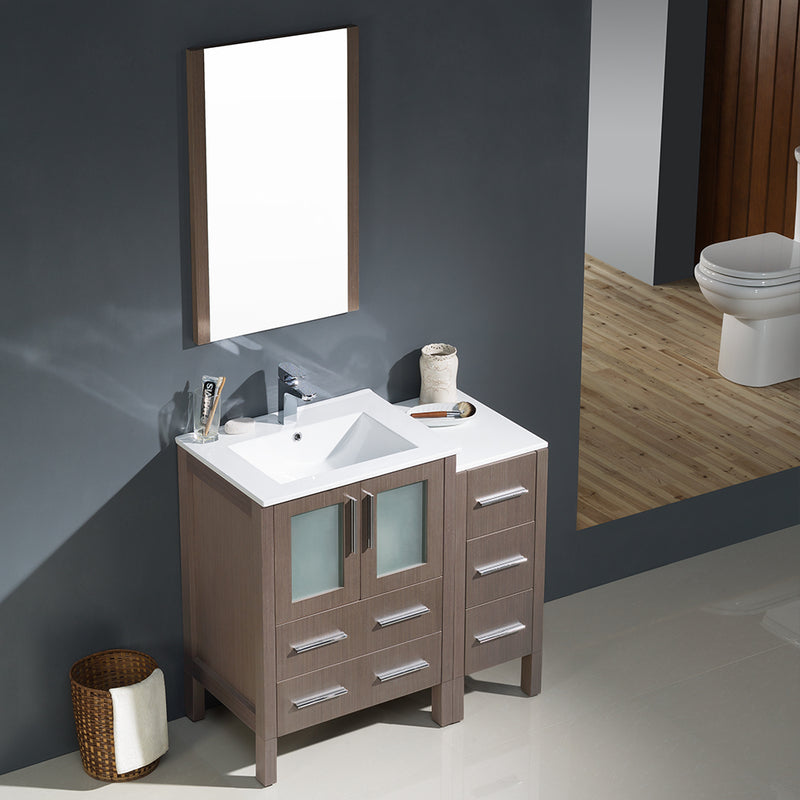 Fresca Torino 36" Gray Oak Modern Bathroom Vanity with Side Cabinet and Integrated Sinks FVN62-2412GO-UNS