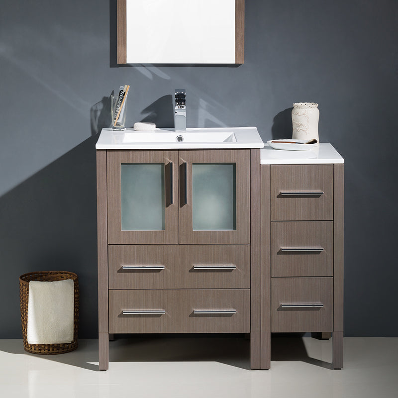 Fresca Torino 36" Gray Oak Modern Bathroom Vanity with Side Cabinet and Integrated Sinks FVN62-2412GO-UNS