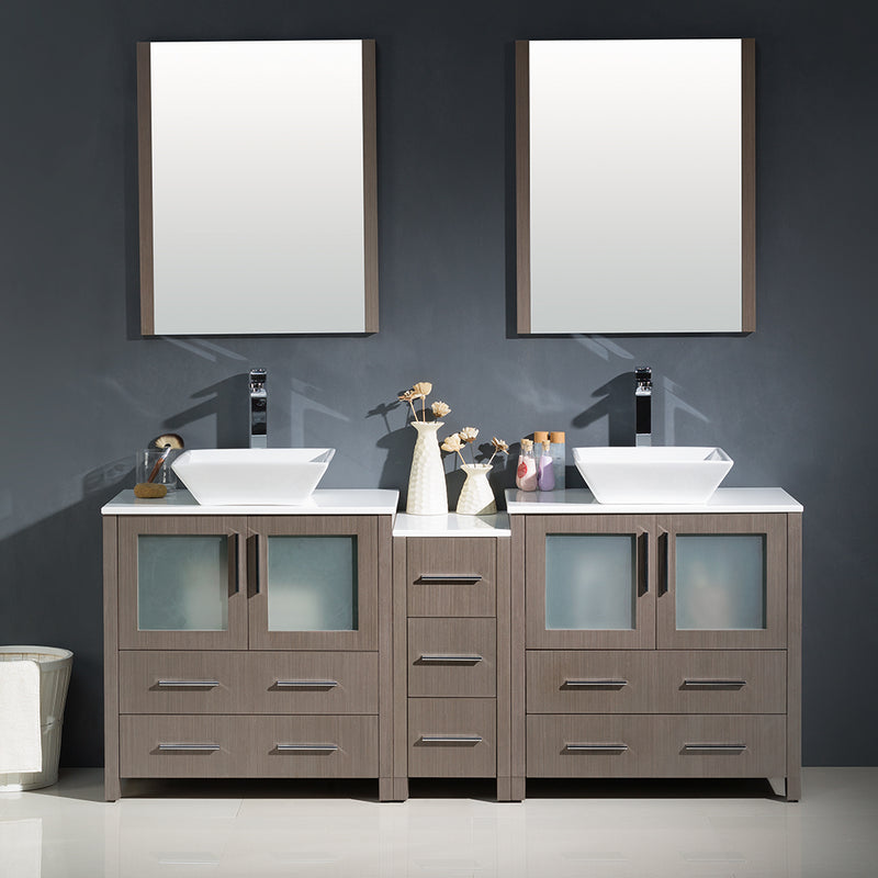 Fresca Torino 72" Gray Oak Modern Double Sink Bathroom Vanity with Side Cabinet and Vessel Sinks FVN62-301230GO-VSL