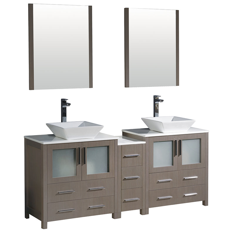 Fresca Torino 72" Gray Oak Modern Double Sink Bathroom Vanity w/ Side Cabinet & Vessel Sinks FVN62-301230GO-VSL