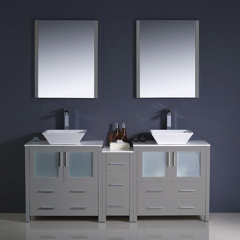 Fresca Torino 72" Gray Modern Double Sink Bathroom Vanity with Side Cabinet and Vessel Sinks FVN62-301230GR-VSL