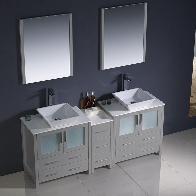 Fresca Torino 72" Gray Modern Double Sink Bathroom Vanity with Side Cabinet and Vessel Sinks FVN62-301230GR-VSL