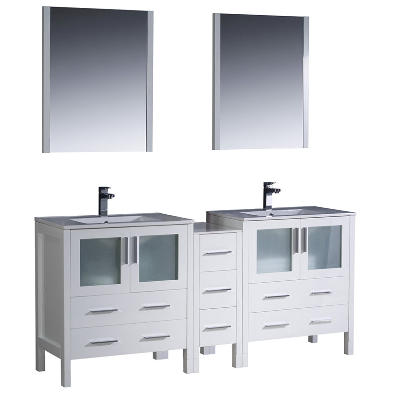 Fresca Torino 72" White Modern Double Sink Bathroom Vanity w/ Side Cabinet & Integrated Sinks FVN62-301230WH-UNS