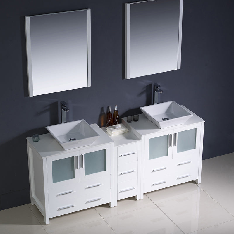 Fresca Torino 72" White Modern Double Sink Bathroom Vanity with Side Cabinet and Vessel Sinks FVN62-301230WH-VSL