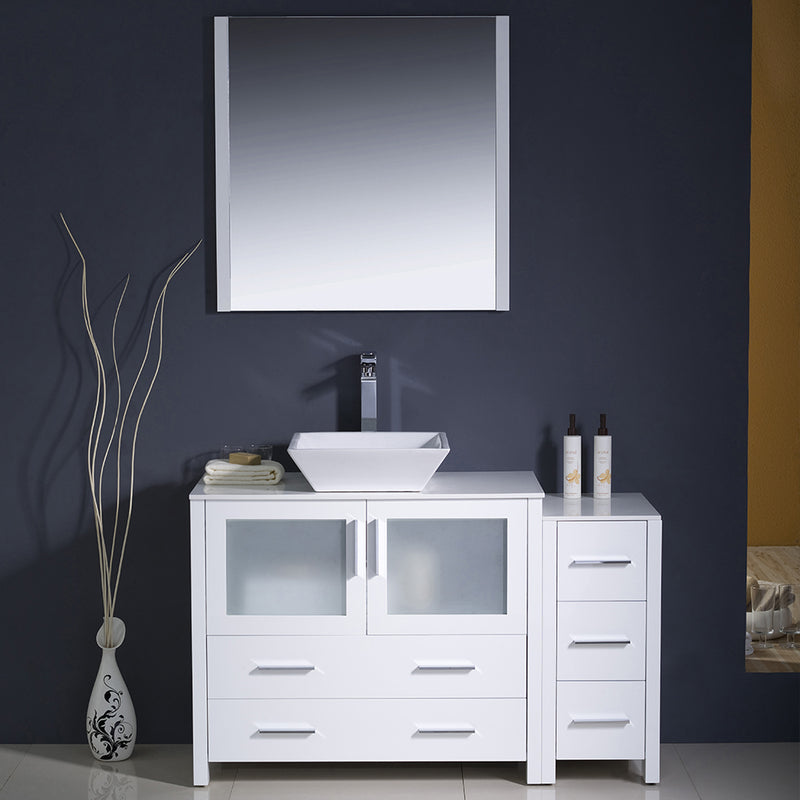 Fresca Torino 48" White Modern Bathroom Vanity with Side Cabinet and Vessel Sink FVN62-3612WH-VSL