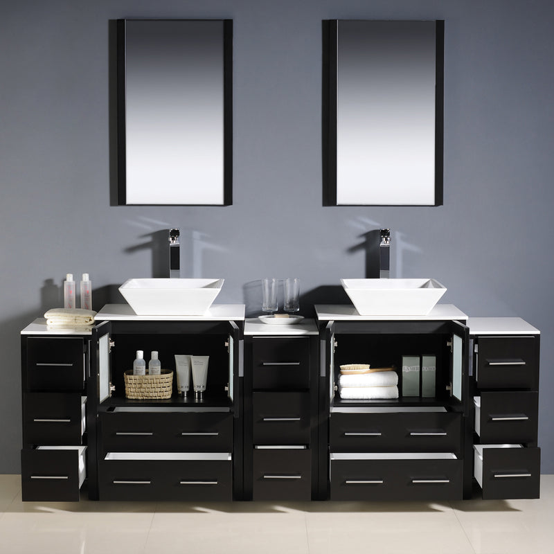 Fresca Torino 84" Espresso Modern Double Sink Bathroom Vanity with 3 Side Cabinets and Vessel Sinks FVN62-72ES-VSL