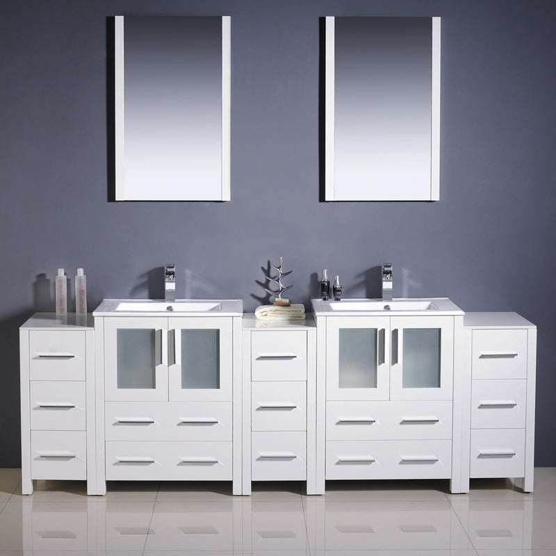 Fresca Torino 84" White Modern Double Sink Bathroom Vanity with 3 Side Cabinets and Integrated Sinks FVN62-72WH-UNS
