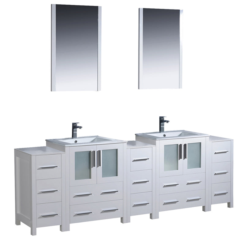 Fresca Torino 84" White Modern Double Sink Bathroom Vanity w/ 3 Side Cabinets & Integrated Sinks FVN62-72WH-UNS