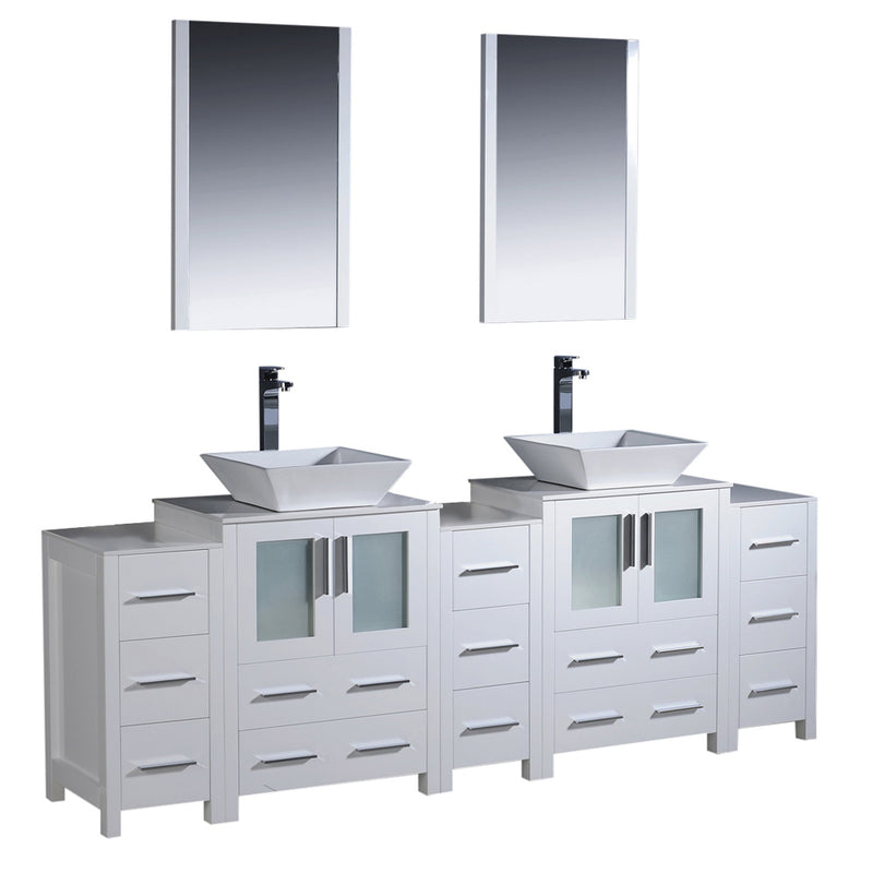 Fresca Torino 84" White Modern Double Sink Bathroom Vanity w/ 3 Side Cabinets & Vessel Sinks FVN62-72WH-VSL