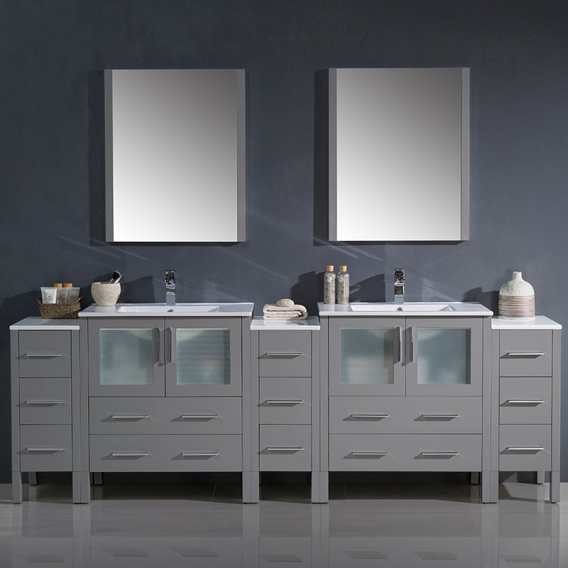 Fresca Torino 96" Gray Modern Double Sink Bathroom Vanity with 3 Side Cabinets and Integrated Sinks FVN62-96GR-UNS