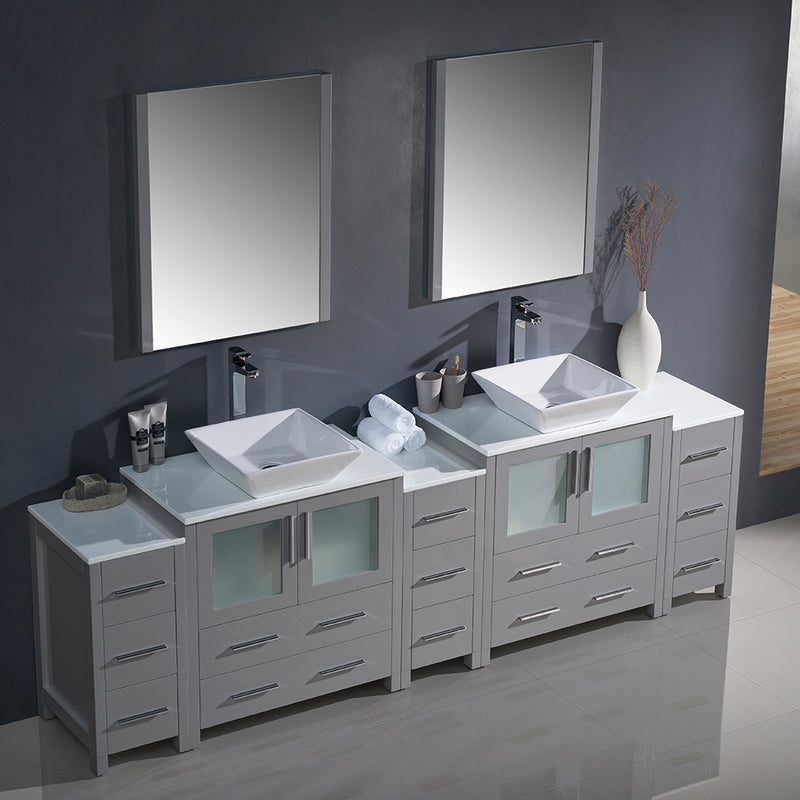 Fresca Torino 96" Gray Modern Double Sink Bathroom Vanity with 3 Side Cabinets and Vessel Sinks FVN62-96GR-VSL