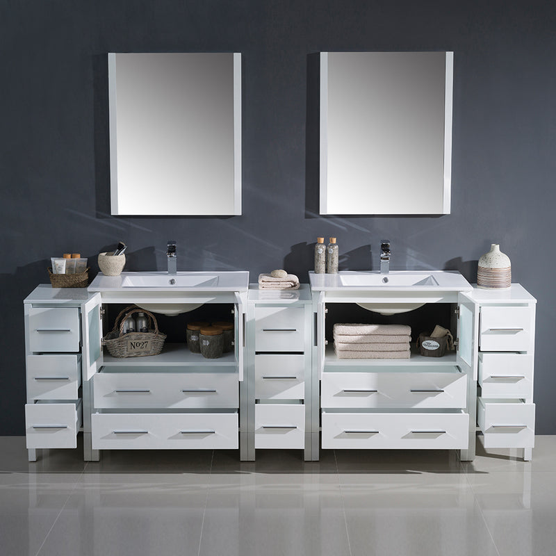 Fresca Torino 96" White Modern Double Sink Bathroom Vanity with 3 Side Cabinets and Integrated Sinks FVN62-96WH-UNS