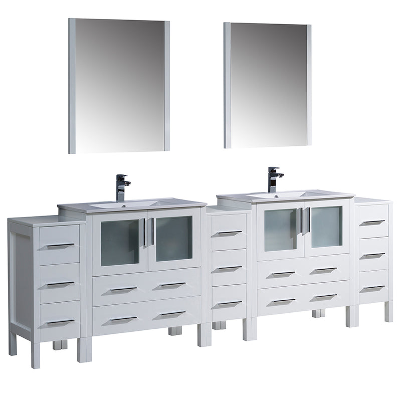 Fresca Torino 96" White Modern Double Sink Bathroom Vanity w/ 3 Side Cabinets & Integrated Sinks FVN62-96WH-UNS