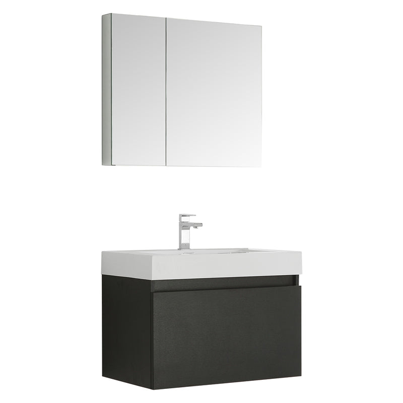 Fresca Mezzo 30" Black Wall Hung Modern Bathroom Vanity w/ Medicine Cabinet FVN8007BW