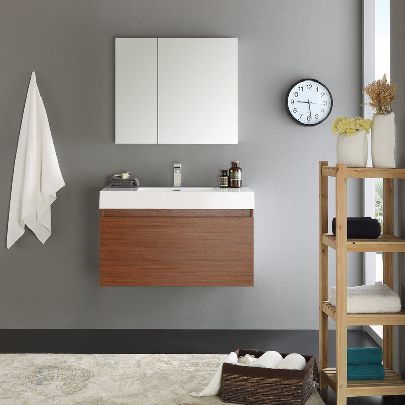 Fresca Mezzo 36" Teak Wall Hung Modern Bathroom Vanity with Medicine Cabinet FVN8008TK