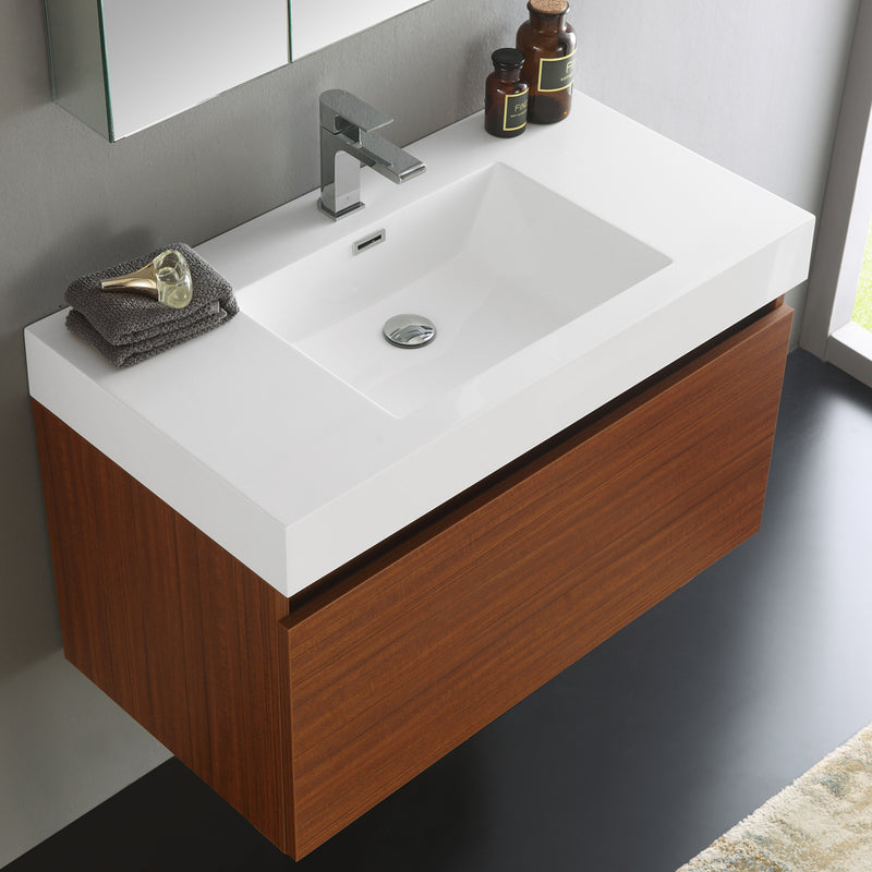 Fresca Mezzo 36" Teak Wall Hung Modern Bathroom Vanity with Medicine Cabinet FVN8008TK