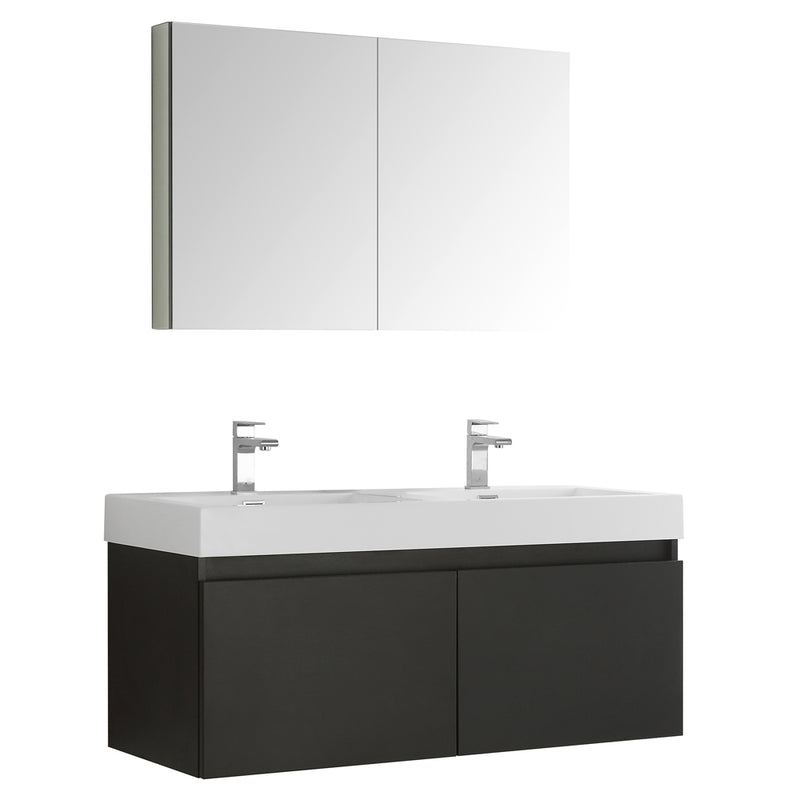 Fresca Mezzo 48" Black Wall Hung Double Sink Modern Bathroom Vanity w/ Medicine Cabinet FVN8012BW