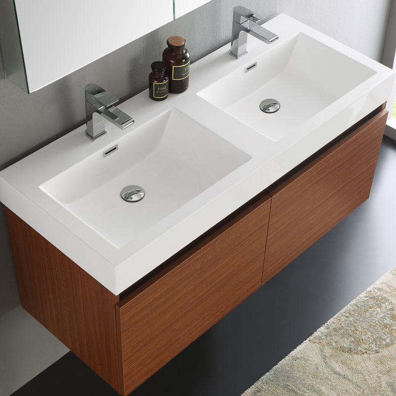 Fresca Mezzo 48" Teak Wall Hung Double Sink Modern Bathroom Vanity with Medicine Cabinet FVN8012TK