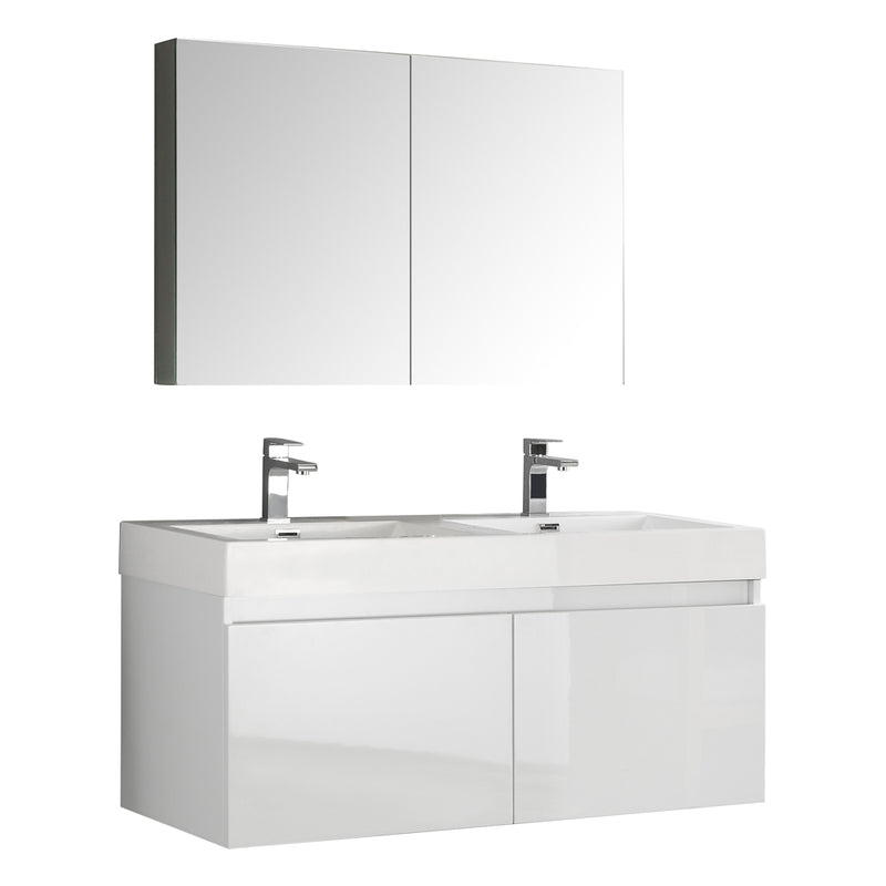 Fresca Mezzo 48" White Wall Hung Double Sink Modern Bathroom Vanity w/ Medicine Cabinet FVN8012WH