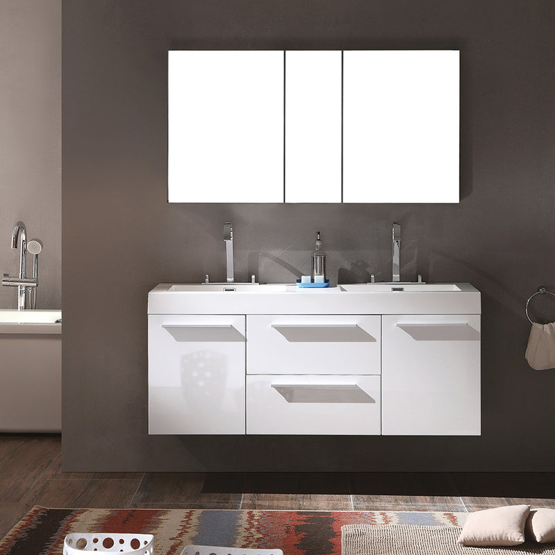 Fresca Opulento 54" White Modern Double Sink Bathroom Vanity with Medicine Cabinet FVN8013WH