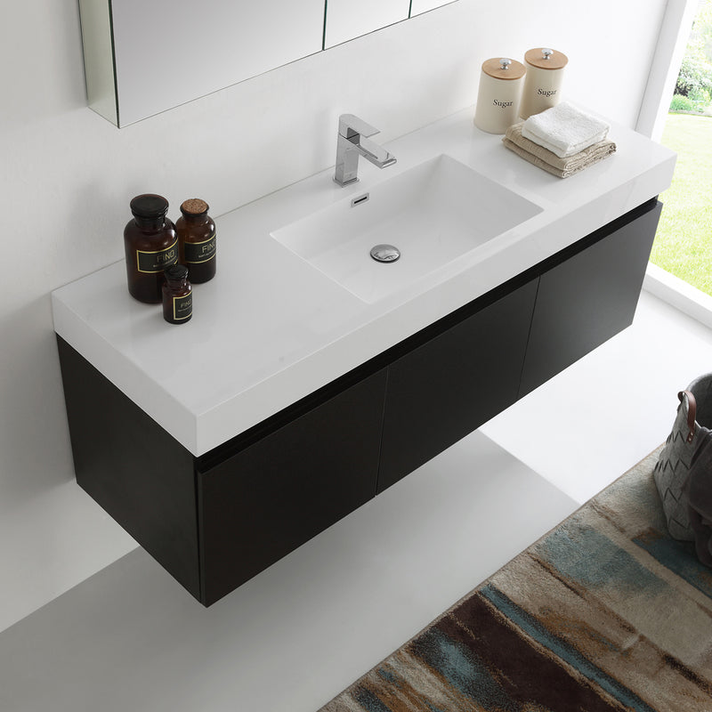 Fresca Mezzo 60" Black Wall Hung Single Sink Modern Bathroom Vanity with Medicine Cabinet FVN8041BW