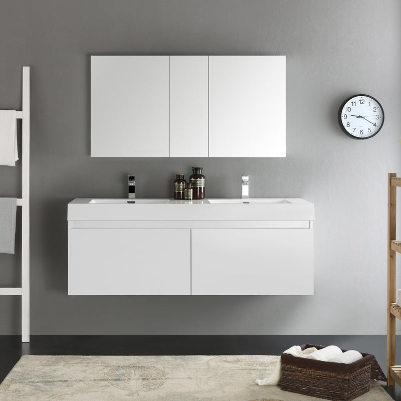 Fresca Mezzo 60" White Wall Hung Double Sink Modern Bathroom Vanity with Medicine Cabinet FVN8042WH