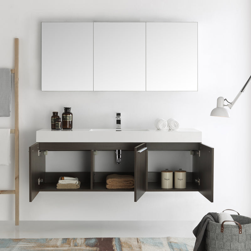 Fresca Vista 60" Gray Oak Wall Hung Single Sink Modern Bathroom Vanity with Medicine Cabinet FVN8093GO