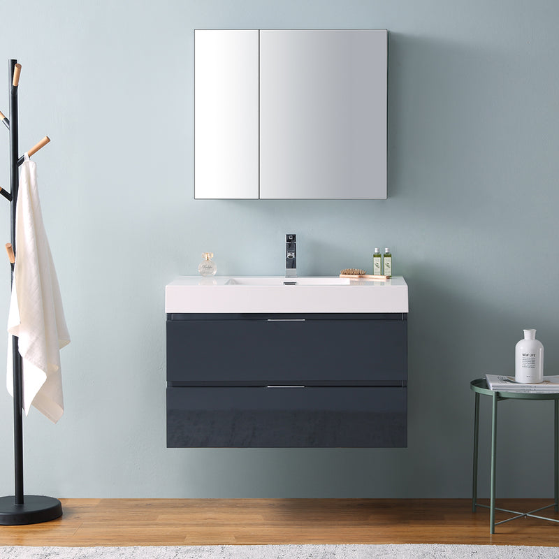 Fresca Valencia 36" Dark Slate Gray Wall Hung Modern Bathroom Vanity with Medicine Cabinet FVN8336GG