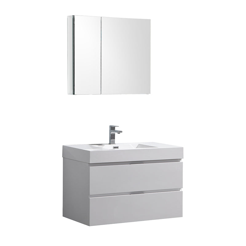 Fresca Valencia 36" Glossy White Wall Hung Modern Bathroom Vanity w/ Medicine Cabinet FVN8336WH