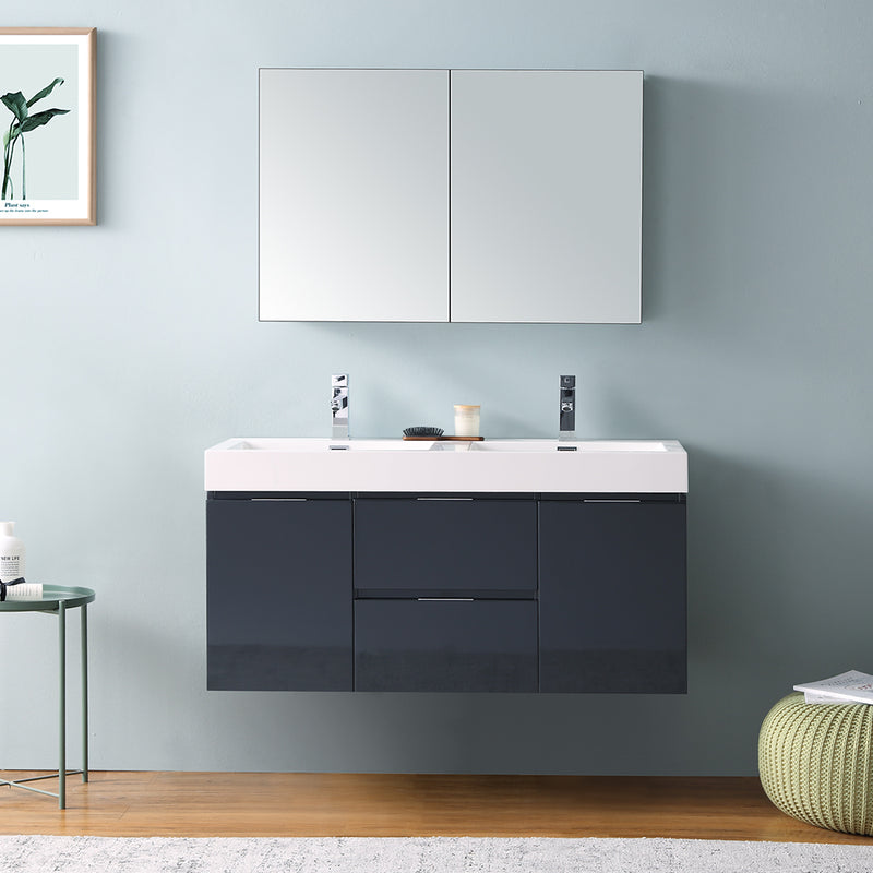 Fresca Valencia 48" Dark Slate Gray Wall Hung Double Sink Modern Bathroom Vanity with Medicine Cabinet FVN8348GG-D