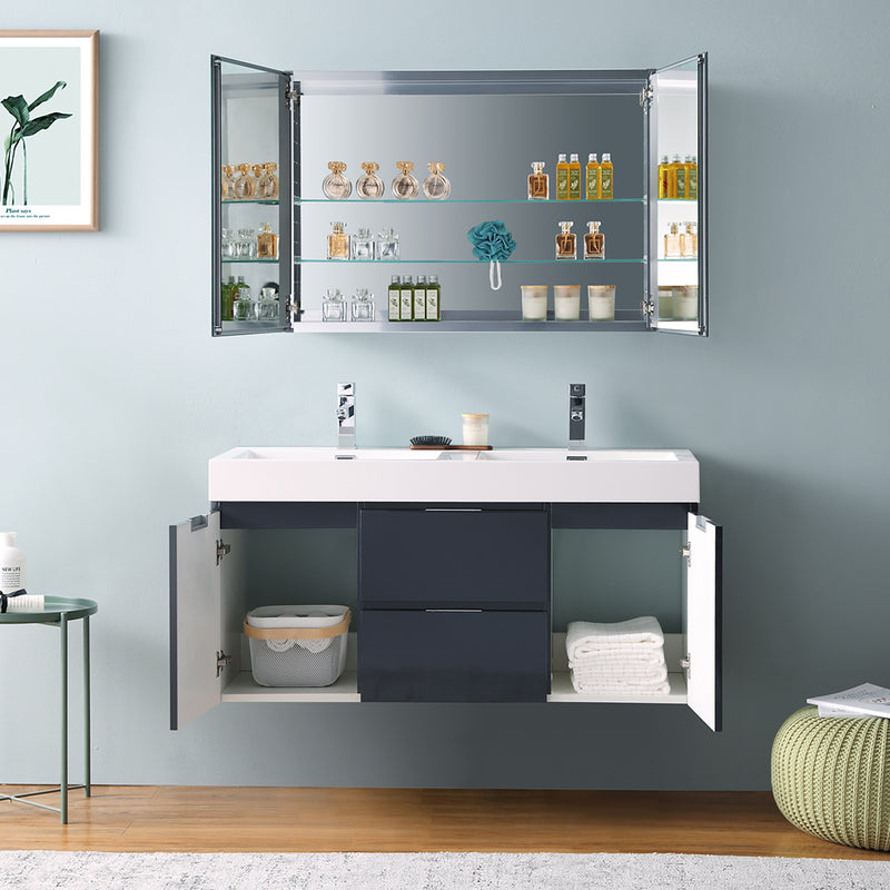 Fresca Valencia 48" Dark Slate Gray Wall Hung Double Sink Modern Bathroom Vanity with Medicine Cabinet FVN8348GG-D