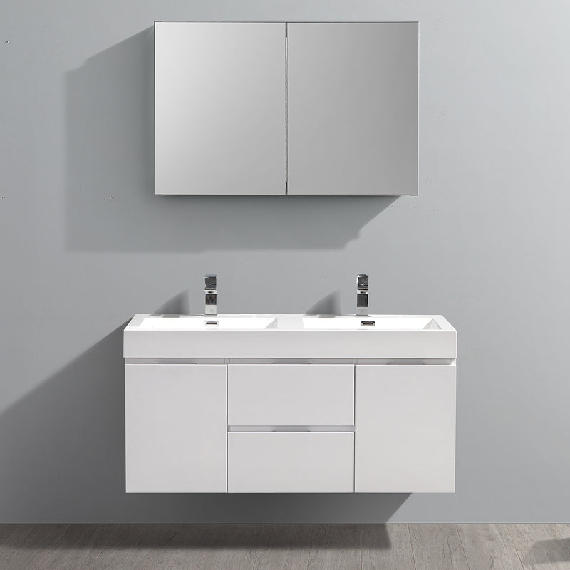 Fresca Valencia 48" Glossy White Wall Hung Double Sink Modern Bathroom Vanity with Medicine Cabinet FVN8348WH-D