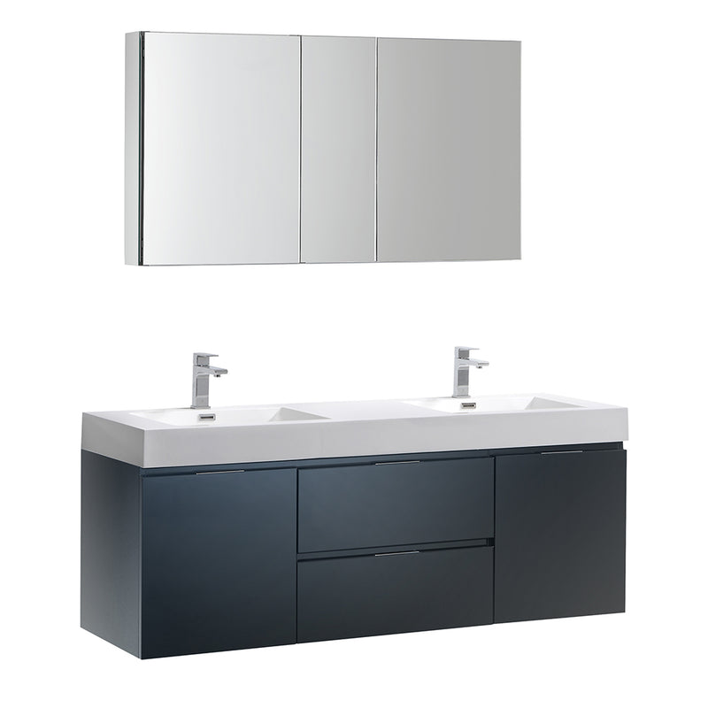 Fresca Valencia 60" Dark Slate Gray Wall Hung Double Sink Modern Bathroom Vanity w/ Medicine Cabinet FVN8360GG-D