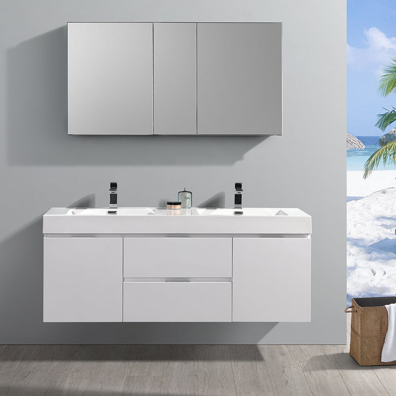 Fresca Valencia 60" Glossy White Wall Hung Double Sink Modern Bathroom Vanity with Medicine Cabinet FVN8360WH-D