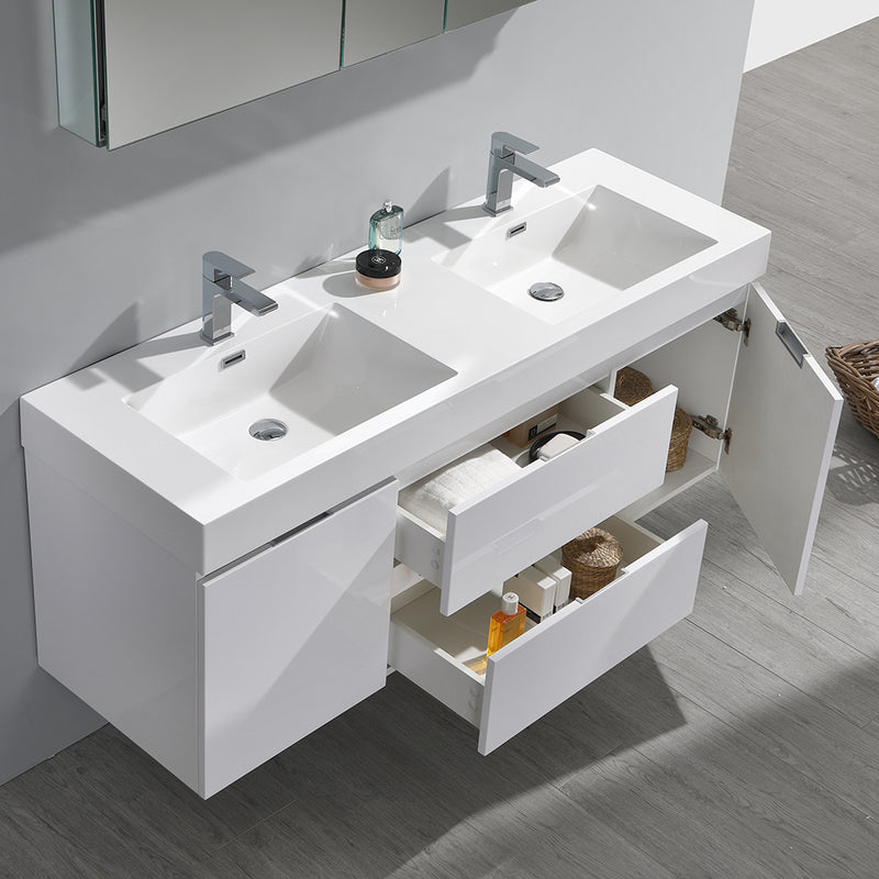 Fresca Valencia 60" Glossy White Wall Hung Double Sink Modern Bathroom Vanity with Medicine Cabinet FVN8360WH-D