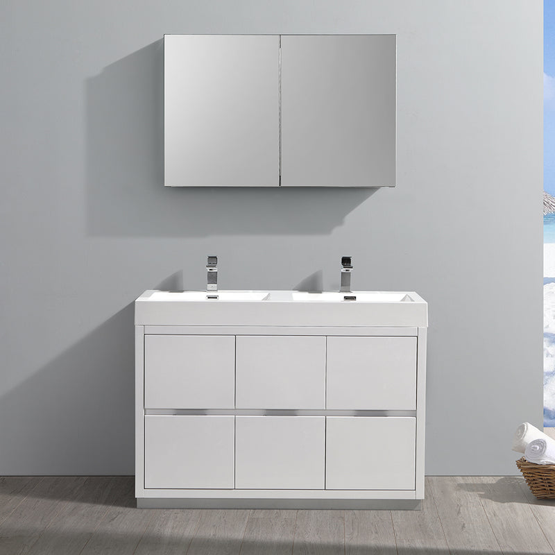 Fresca Valencia 48" Glossy White Free Standing Double Sink Modern Bathroom Vanity with Medicine Cabinet FVN8448WH-D