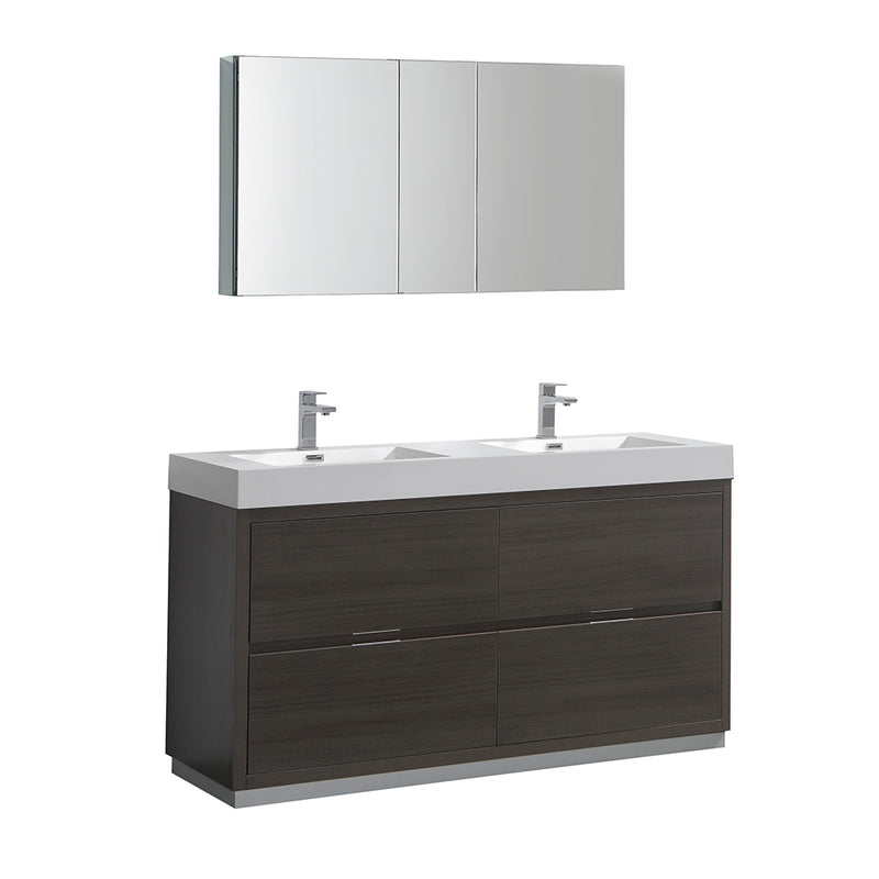 Fresca Valencia 60" Gray Oak Free Standing Double Sink Modern Bathroom Vanity w/ Medicine Cabinet FVN8460GO-D