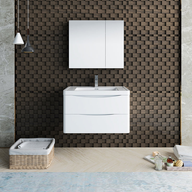 Fresca Tuscany 32" Glossy White Wall Hung Modern Bathroom Vanity with Medicine Cabinet FVN9032WH