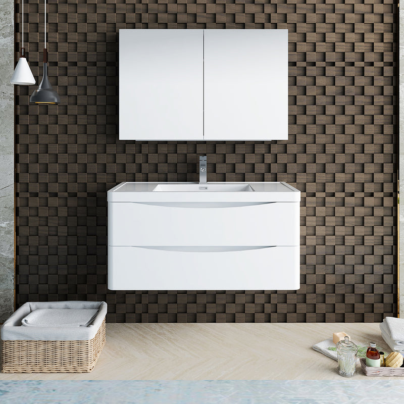 Fresca Tuscany 40" Glossy White Wall Hung Modern Bathroom Vanity with Medicine Cabinet FVN9040WH