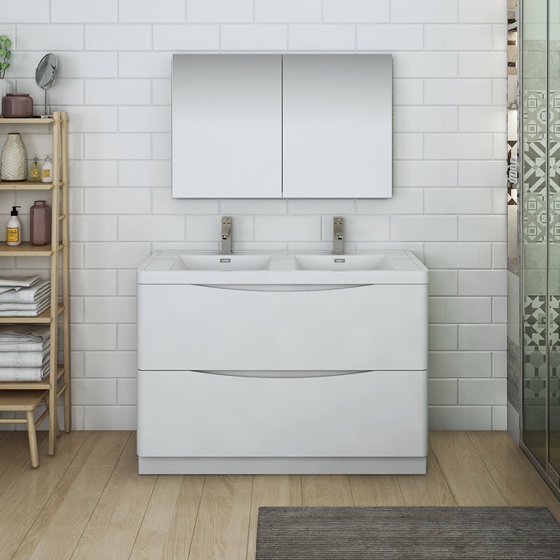 Fresca Tuscany 48" Glossy White Free Standing Double Sink Modern Bathroom Vanity with Medicine Cabinet FVN9148WH-D