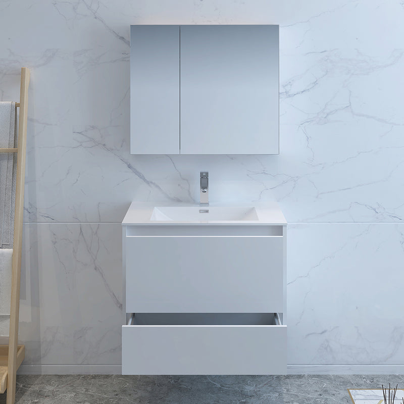 Fresca Catania 30" Glossy White Wall Hung Modern Bathroom Vanity with Medicine Cabinet FVN9230WH