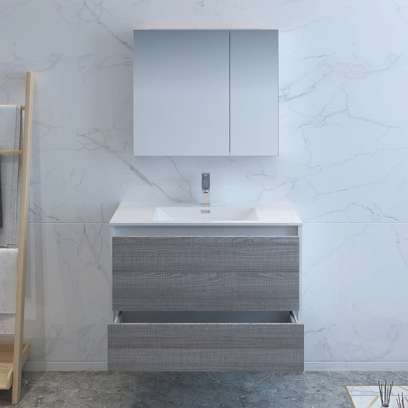 Fresca Catania 36" Glossy Ash Gray Wall Hung Modern Bathroom Vanity with Medicine Cabinet FVN9236HA