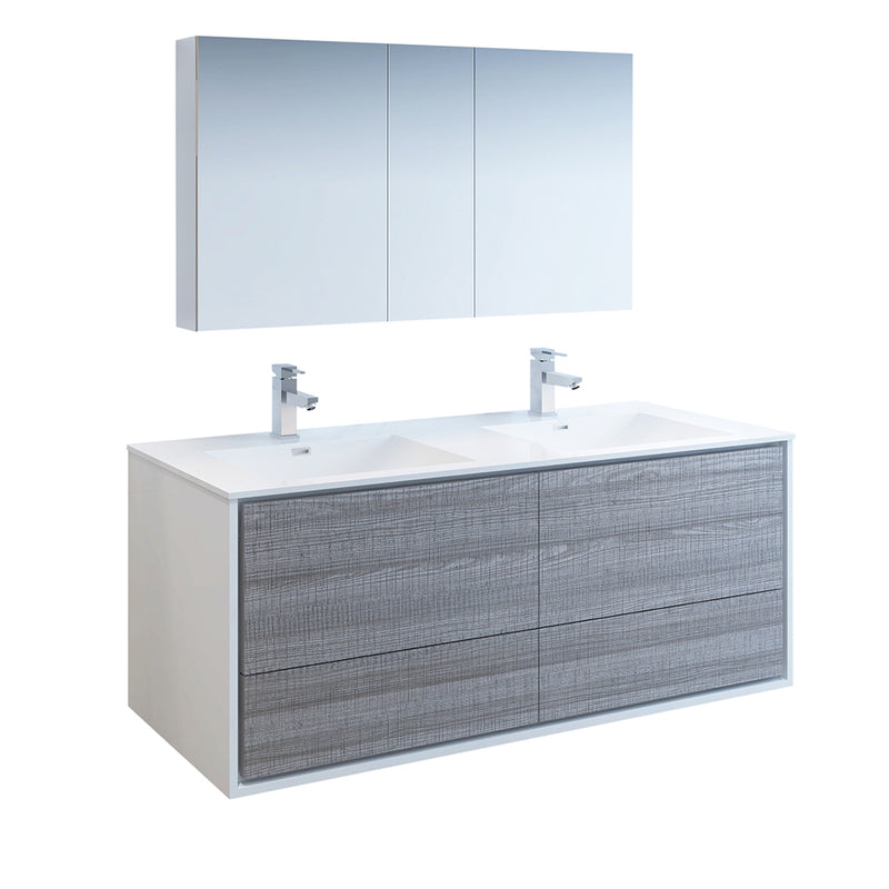 Fresca Catania 60" Glossy Ash Gray Wall Hung Double Sink Modern Bathroom Vanity w/ Medicine Cabinet FVN9260HA-D